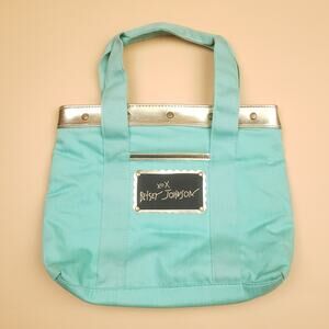Vintage y2k Betsey Johnson Leopard Cheetah Lined Teal Gold Trim Small Tote Bag